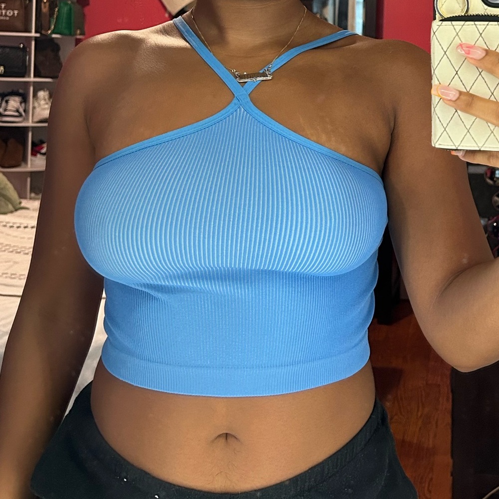 Blue Criss Cross Halter Top